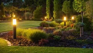 Panoramic photo of illuminated LED posts in a backyard during nighttime, showcasing modern outdoor lighting systems as part of comprehensive landscape service.